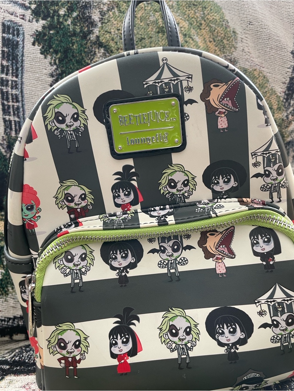 Loungefly Beetlejuice Mini Backpack in Black, Cream & Lime Green